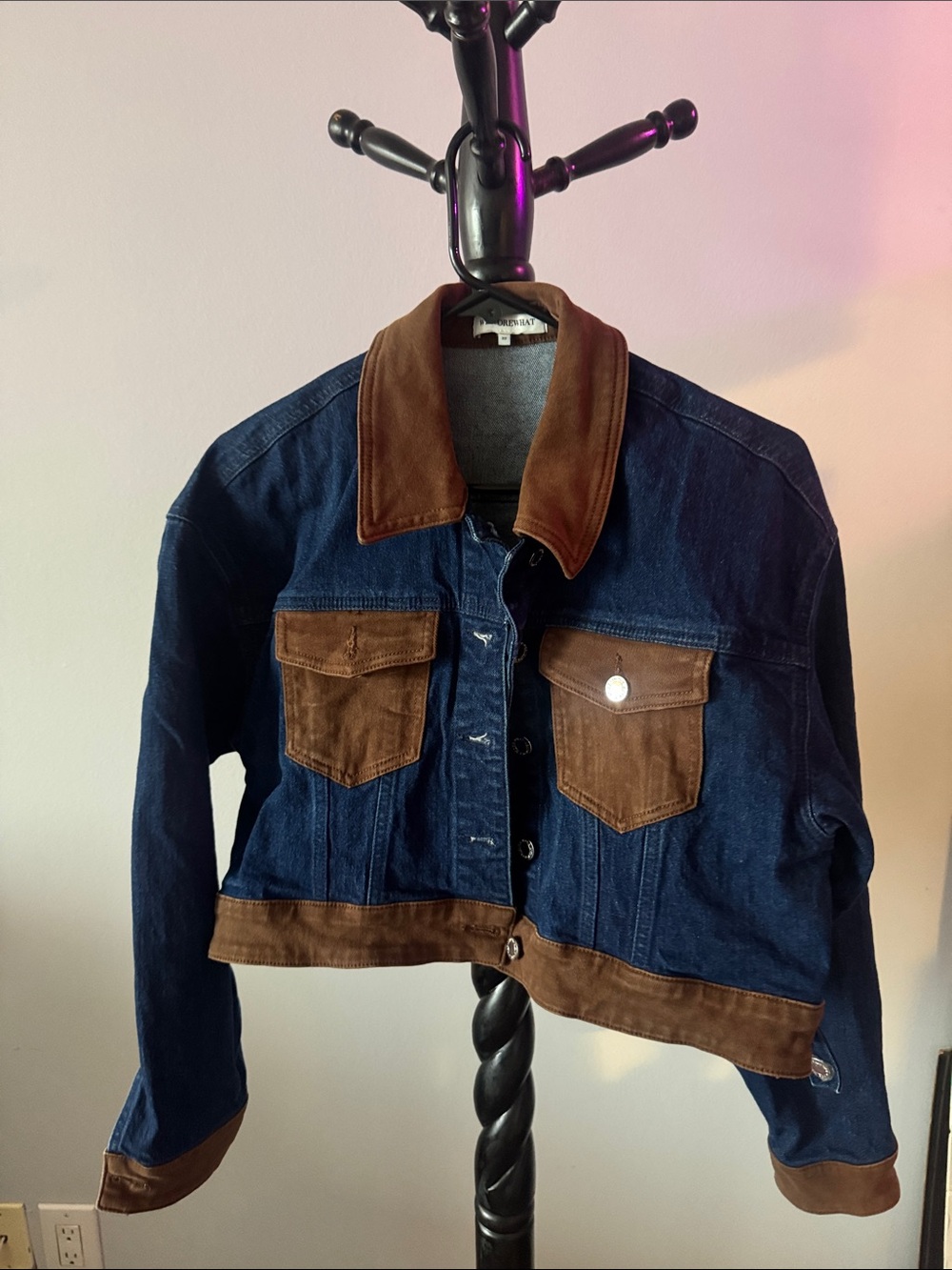 WeWoreWhat Blue Denim Jacket with Brown Trim